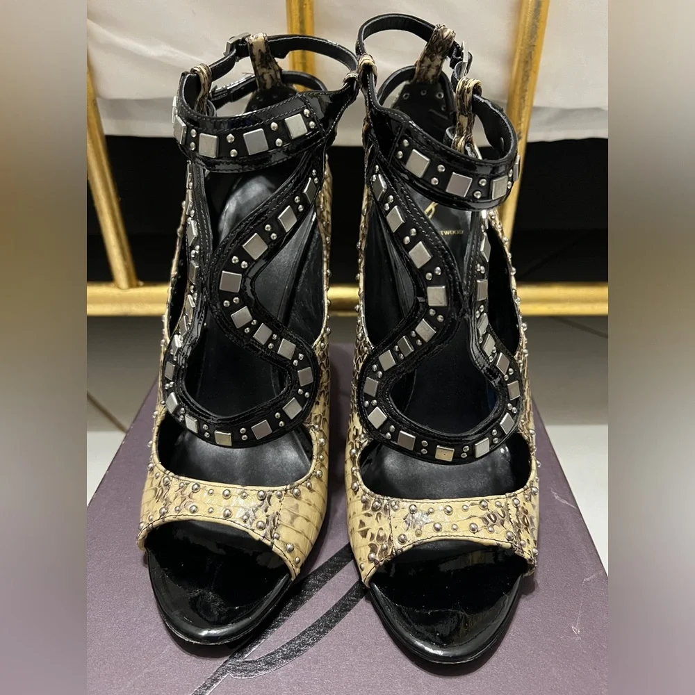B Brian Atwood Black and Gold Studded Cutout Stiletto Sandals - Picture 2 of 11